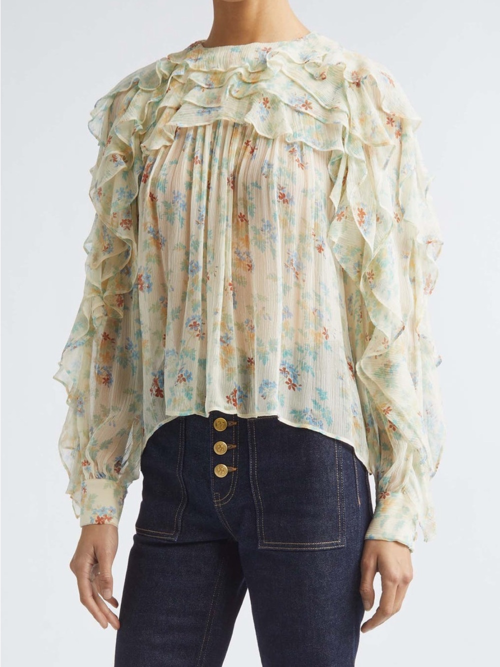 Ulla Johnson Cream Floral Ruffle Blouse